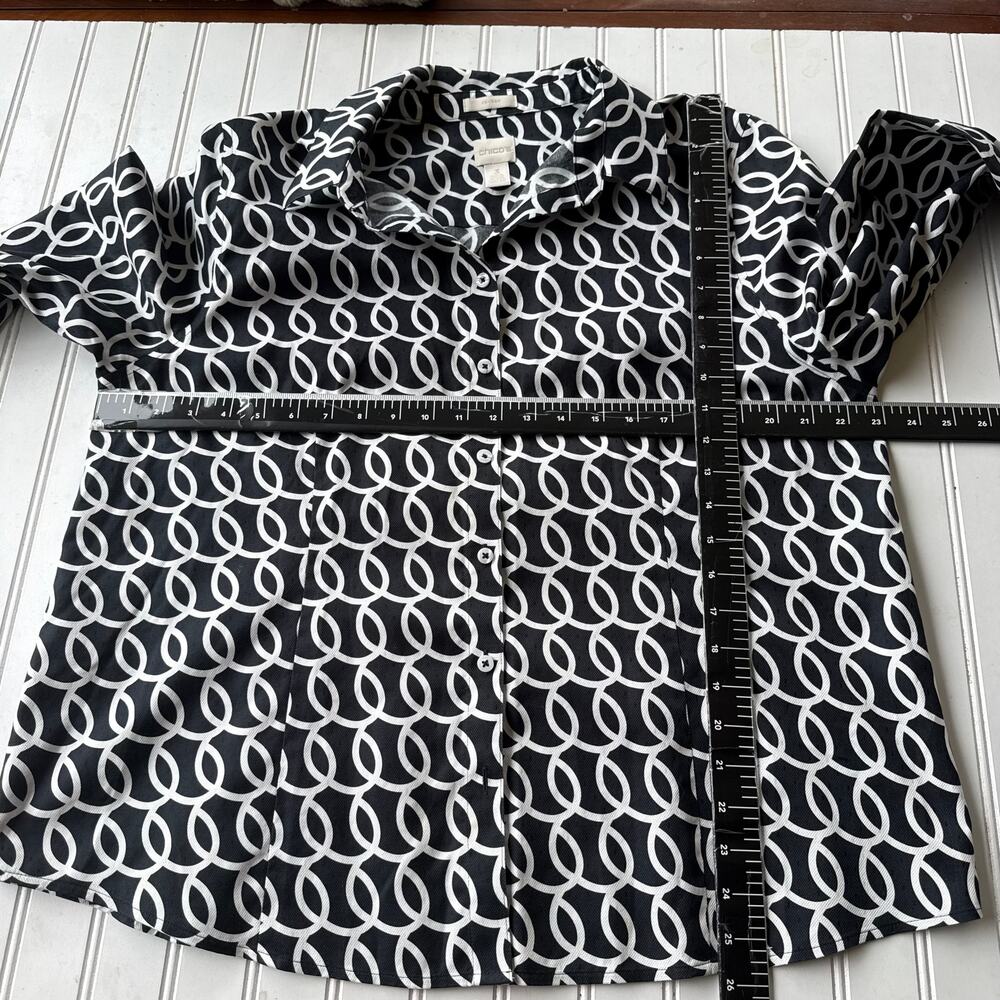 Chico’s No Iron Black White Geometric Button Front Shirt Women’s XL Stretch - Picture 8 of 9